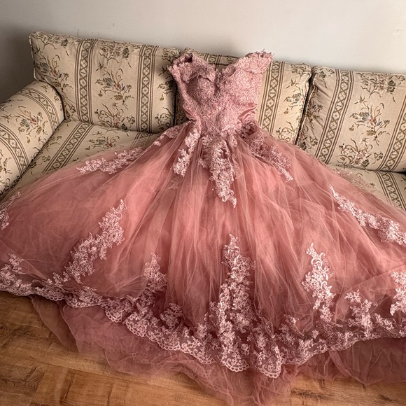 Amazon Dusty Rose Lace Tulle Ball Gown Dress with Bow - Picture 4 of 7